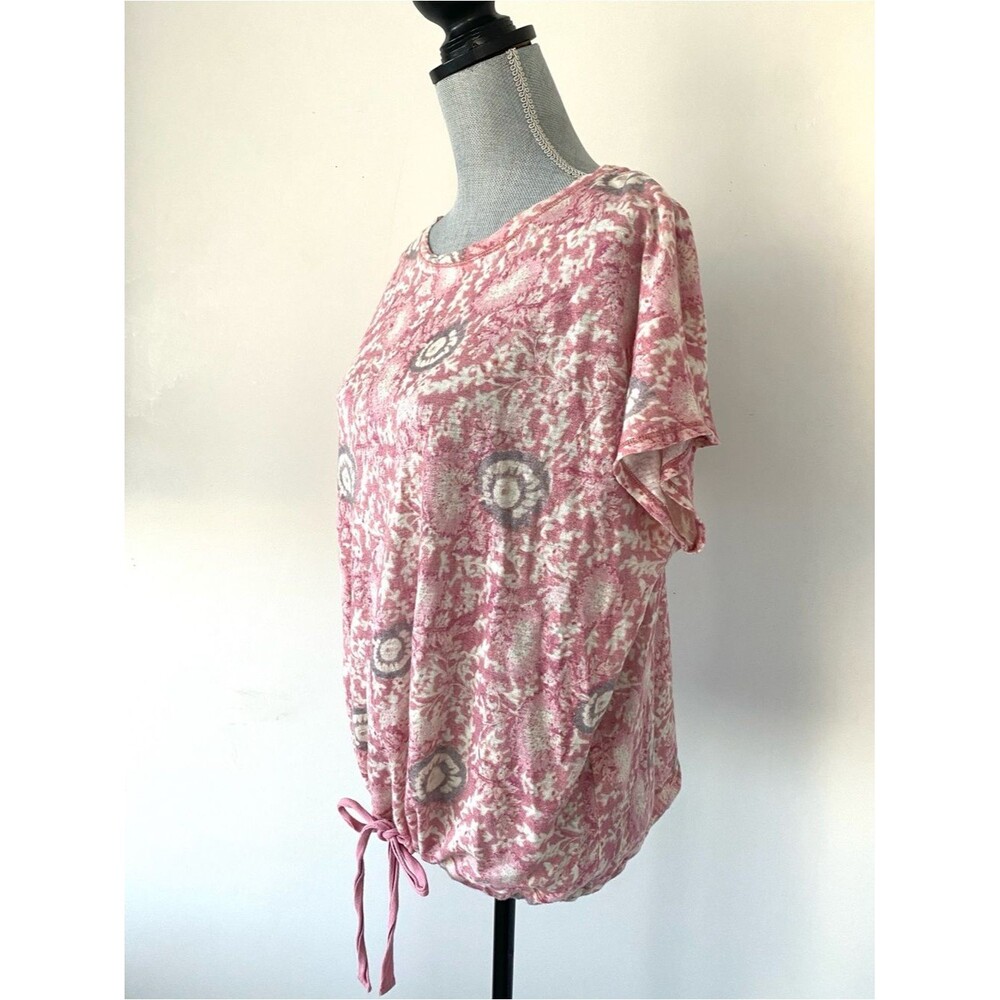 Sundance Pink Floral Tie-Front Short Sleeve Linen Tee Shirt Sz L Boho Western